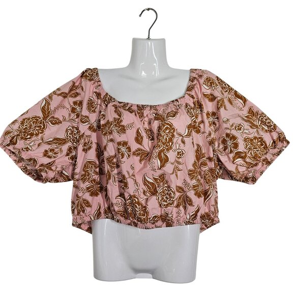Lane Bryant Classic Crop Square-Neck Puff-Sleeve Top Pink Floral Top Boho 18/20 - Picture 2 of 11